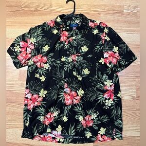 George Floral Shirt Button Up Short Sleeve Beach Summer Black Size M